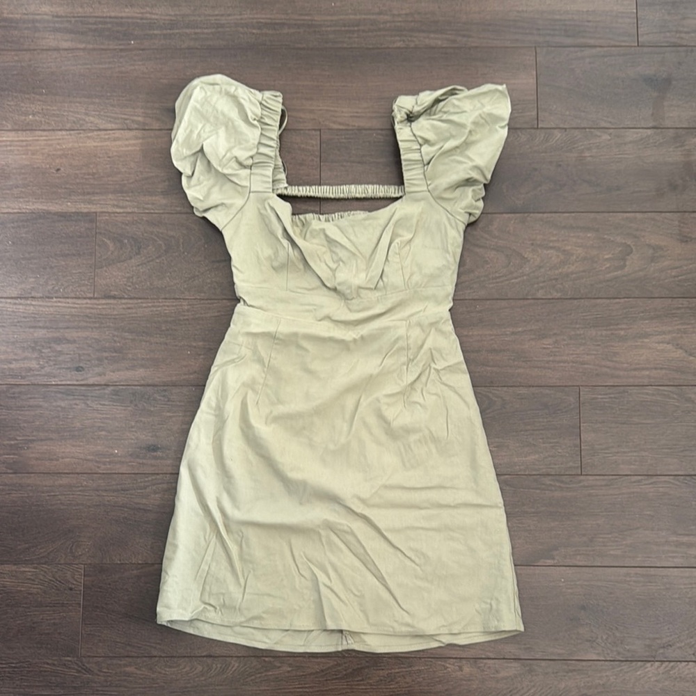 Stradivarius Sage Green Puff Sleeve Mini Dress